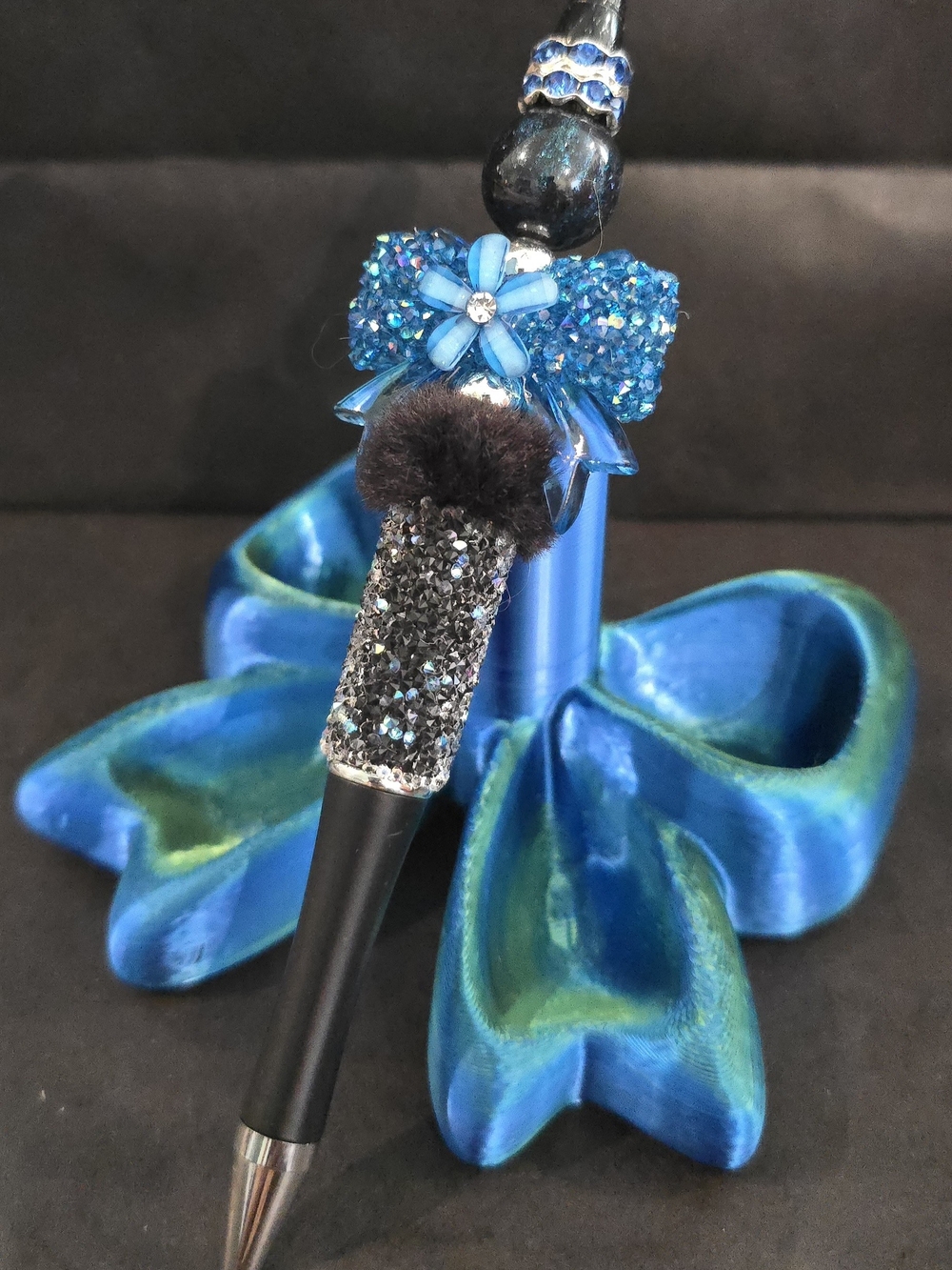 Blue Crystal Flower Pen with Glitter and Fur Accent